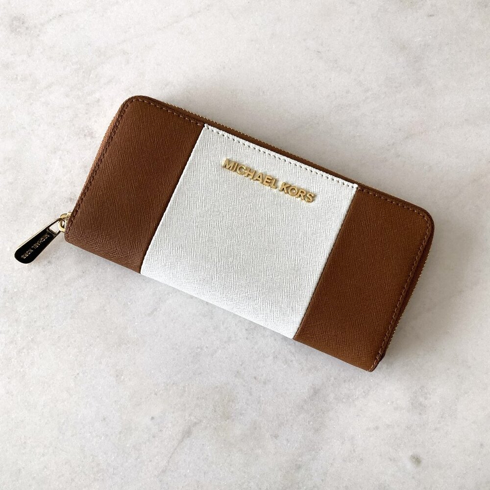 Michael Kors tan & white, gold hardware saffiano leather wallet / long wallet